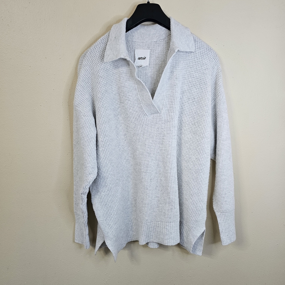 Aerie Cream Waffle Knit Sweater Collared Pullover Cotton Blend Soft Cozy Relaxed